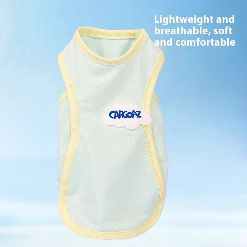 Cat wearing thin polyester summer vest in grass green colour with sports style design
