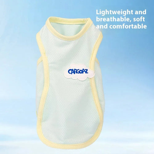 Cat wearing thin polyester summer vest in grass green colour with sports style design