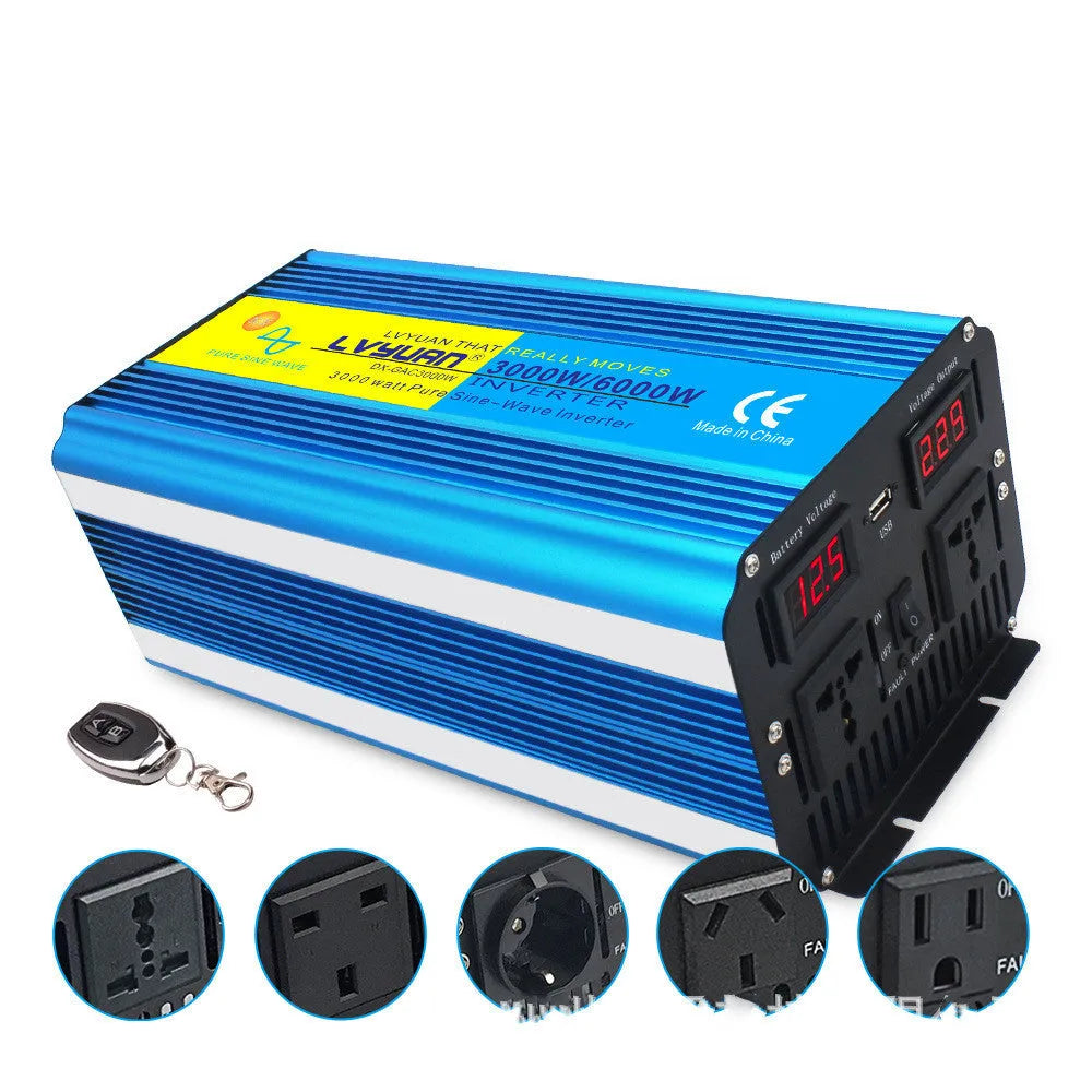 Blue 3000W car power inverter with digital displays showing conversion from 12V/24V to 220V with remote control
