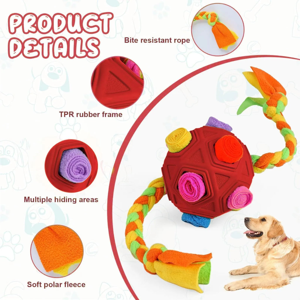Bite-resistant pet sniffing ball dog puzzle toy for IQ training, shown in assorted colours including blue and redgreen.