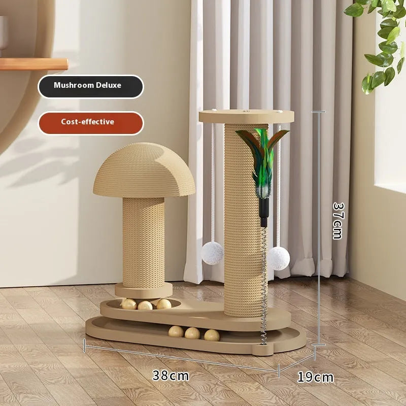 Solid wood cat turntable scratching post with oval mushroom design and natural finish for indoor climbing