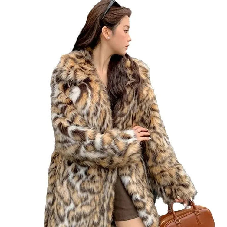 Women's faux fur street fashion coat with fur collar in 80cm length