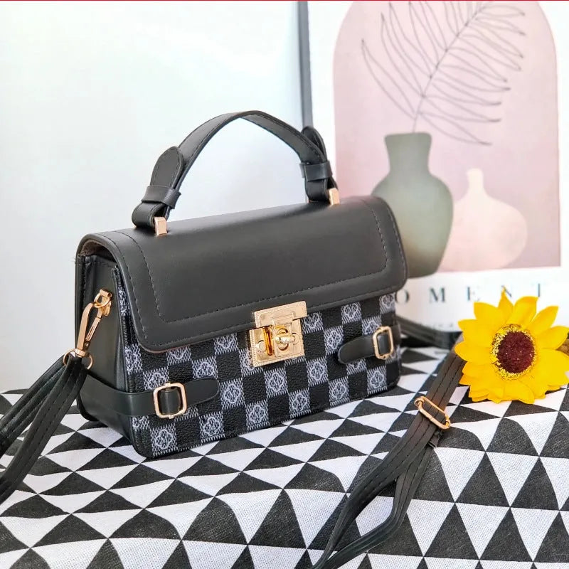 Horizontal square PU leather crossbody bag with ethnic pattern and file compartment