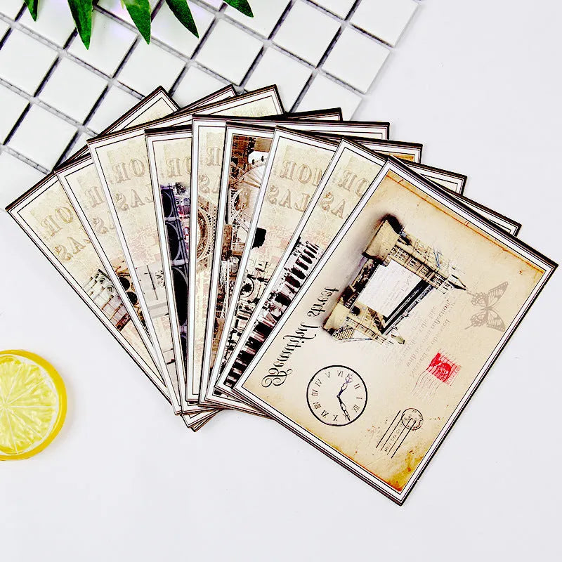 Set of 9 retro Paris Tower postcards with Japanese minimalist cartoon ink painting style design for gifts and decor