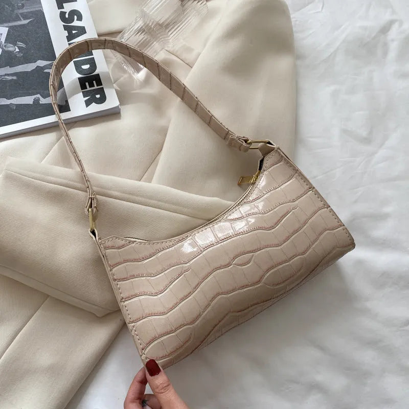 Korean-style small square underarm bag in PU material showing colour options including beige, black and animal prints