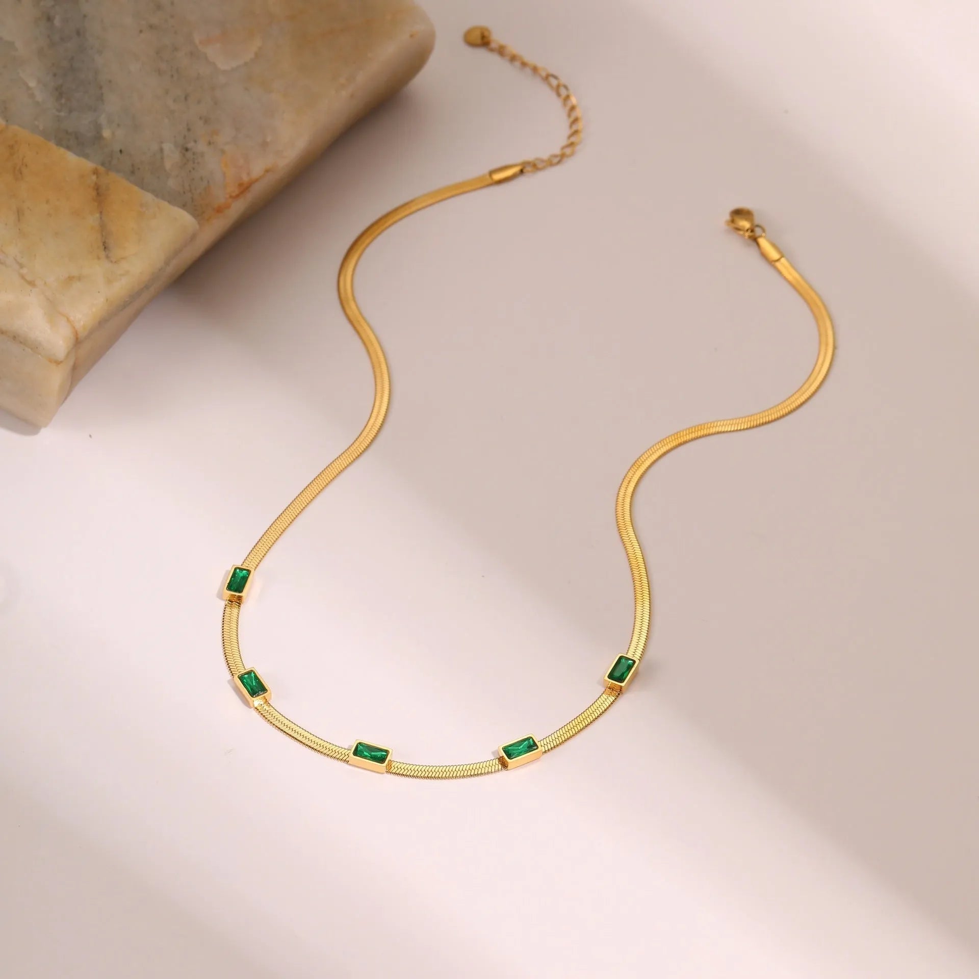 Geometric square zircon necklace with stainless steel flat snake chain in gold or steel colour