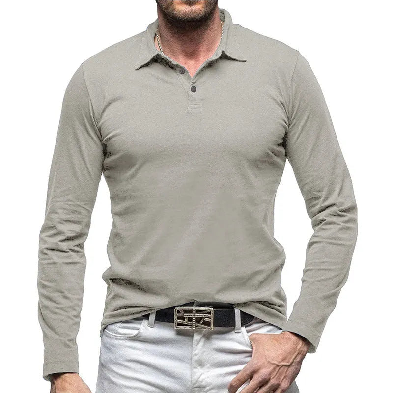Man wearing a dark gray long sleeve polo collar t-shirt in American retro style.