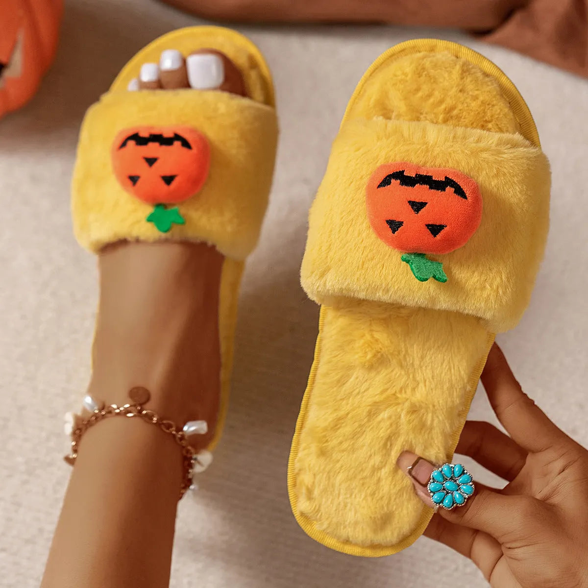 Yellow and white Halloween pumpkin cartoon design plush open-toe slippers with synthetic fur