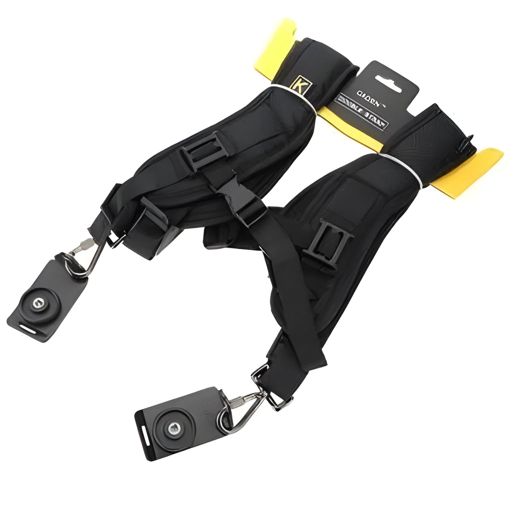 Black professional dual shoulder strap for SLR cameras with thick sponge padding
