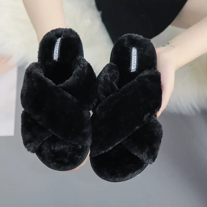 Women's cross open-toe fur slippers in multiple colours with patterned non-slip soles