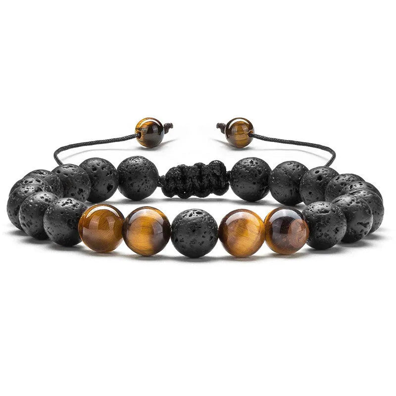 Geometric couple bracelet made of matte black agate beads with a tiger eye stone.