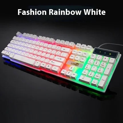 Mechanical gaming keyboard with RGB backlighting showing blue switches and braided USB cable