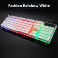 Mechanical gaming keyboard with RGB backlighting showing blue switches and braided USB cable