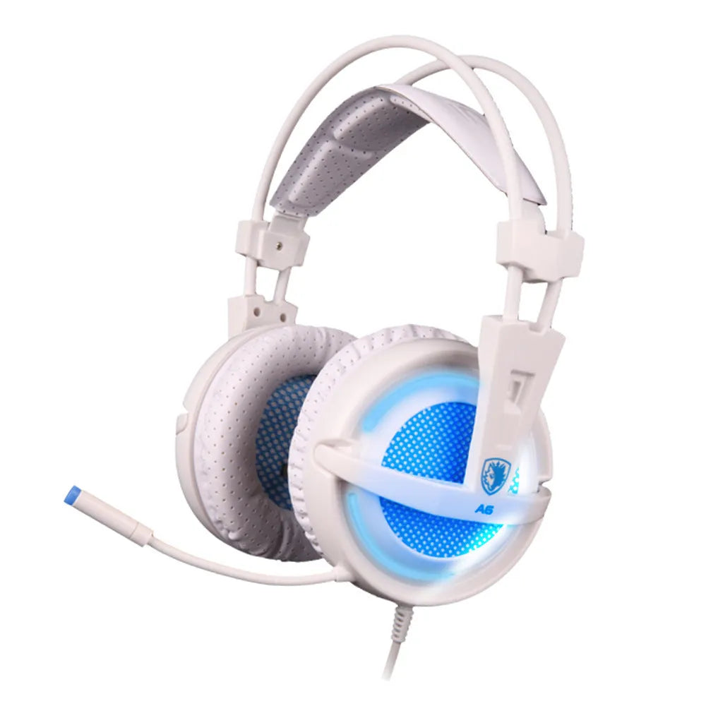 Black and white USB gaming headset with LED lights, padded headband, and large ear cushions.