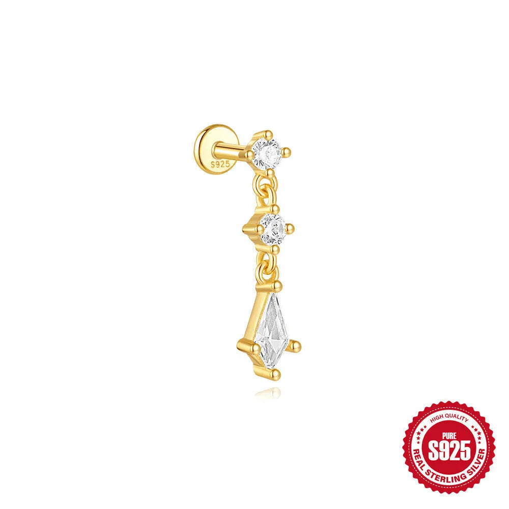 S925 sterling silver geometric kite earring with rhinestone chain tassel in gold colour.