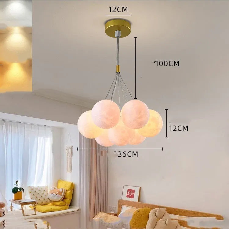 Nordic moon bubble LED chandelier with iron frame and PMMA lampshade in gold or black finish