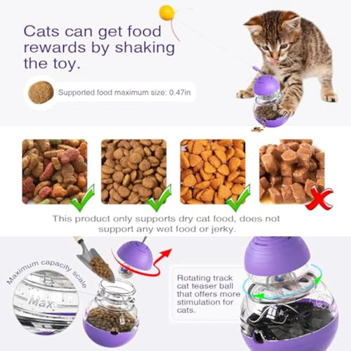 Interactive cat wand toy with feather teaser and food dispenser in pink, purple and yellow colour options
