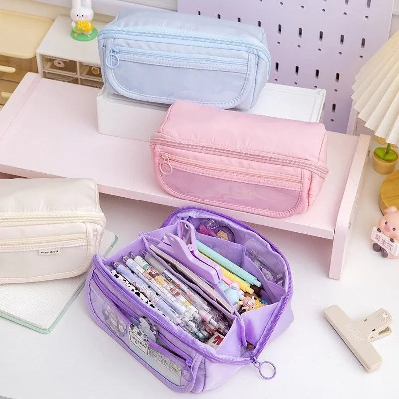 Ten-layer flip canvas pencil case in Korean style with multiple compartments