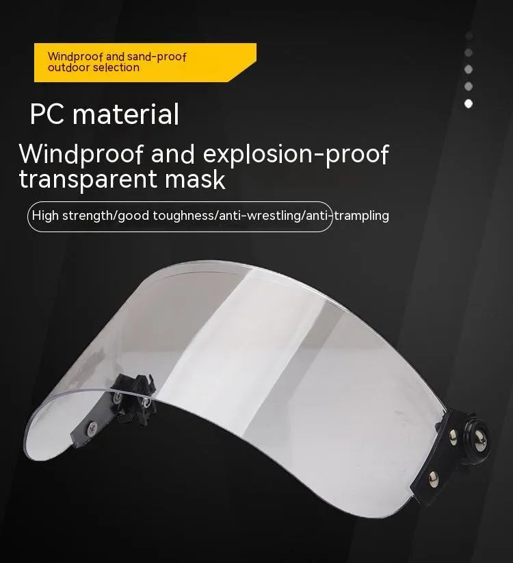 Transparent windproof explosion-proof face mask with guide rail for helmet mounting.