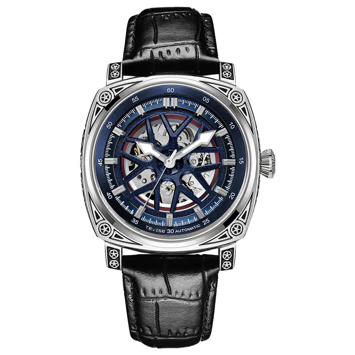 Men's stainless steel automatic watch with blue leather strap showing time display