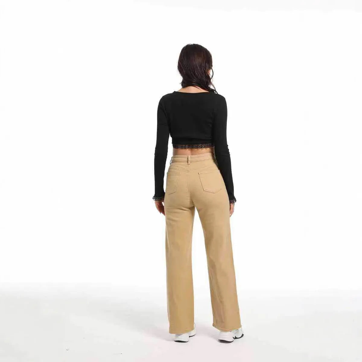 Women's high-waisted apricot wide-leg straight jeans made from elasticated cotton.
