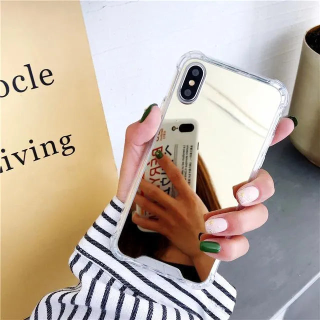 Mirror finish protective TPU case for iPhone shown in various colours.