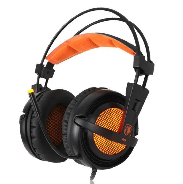 Black and white USB gaming headset with LED lights, padded headband, and large ear cushions.