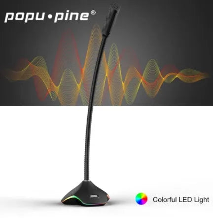 Black wired condenser microphone with 3.5mm jack on a desktop stand, featuring a large circular pop filter.