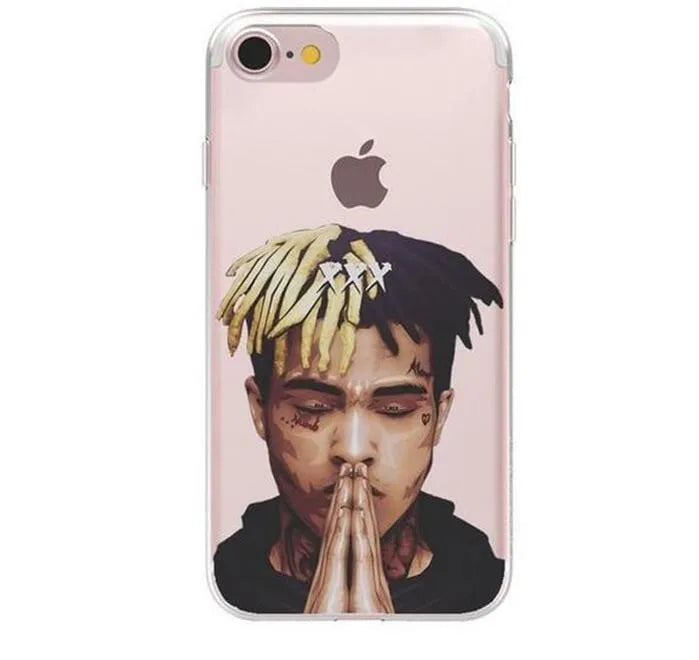 Half-wrapped transparent iPhone case with XXTentacion artwork design showing matte finish texture