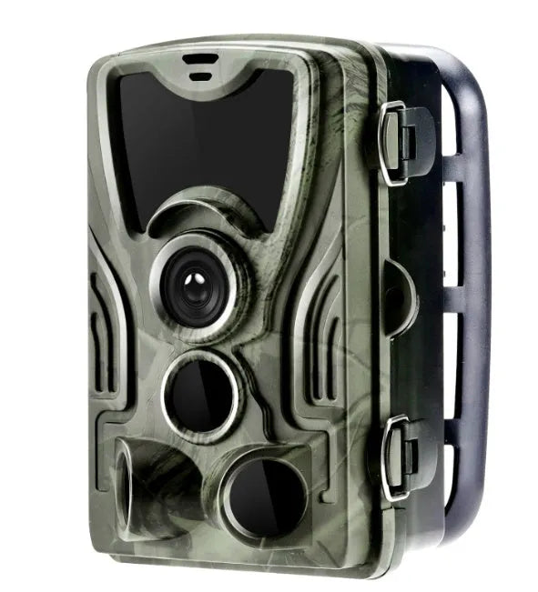 Green cellular trail camera with belt and tripod mount for hunting and wildlife monitoring