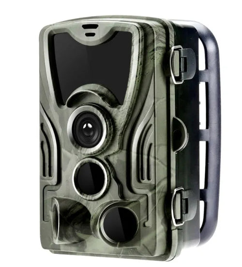 Green cellular trail camera with belt and tripod mount for hunting and wildlife monitoring