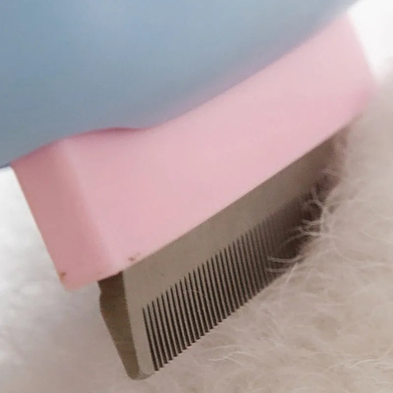 Blue and green double-sided pet grooming brush with deshedding rake and dematting comb for dogs and cats