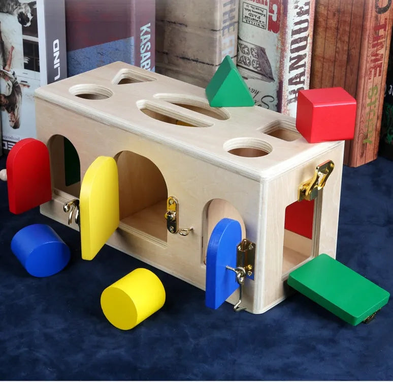Wooden shape lock box educational toy with 12 pieces for preschool children aged 3+