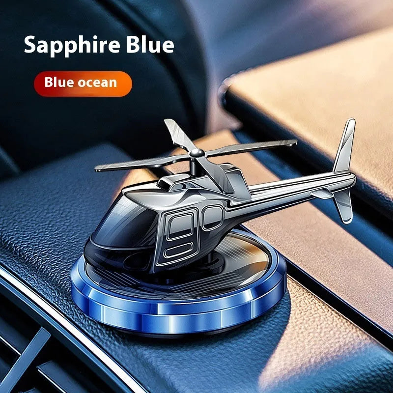 Solar powered metal spinning car perfume air freshener ornament in silver, black and blue colour options