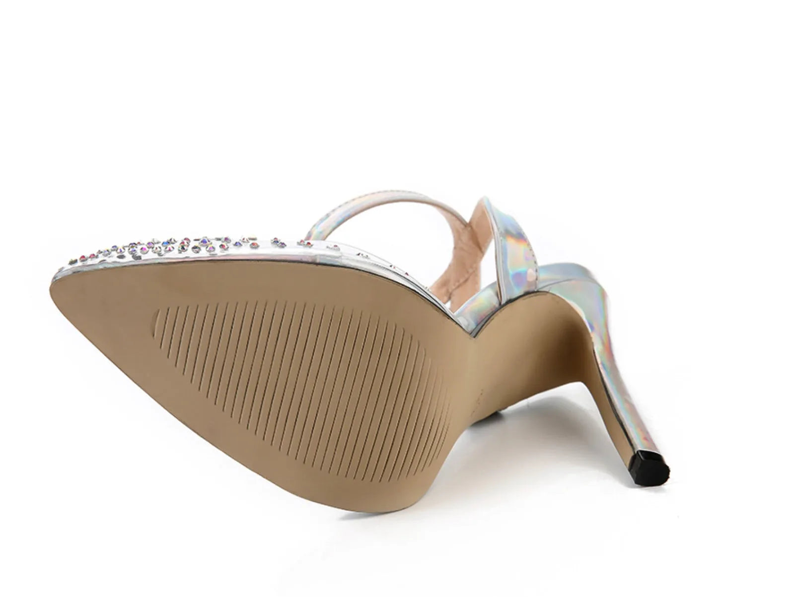 Women's pointed toe diamond sandals with a clear stiletto heel on a white background.