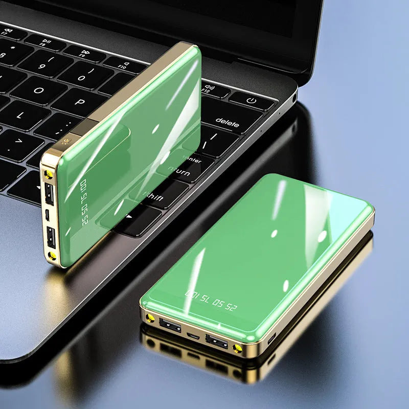 Mirror digital display power bank showing battery percentage, in choice of colours including black, blue, green, grey, and red.