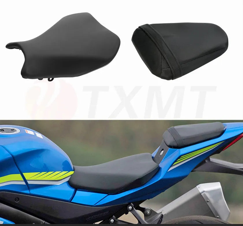 Black PU leather protective cover on a Suzuki GSXR1000 motorcycle seat.