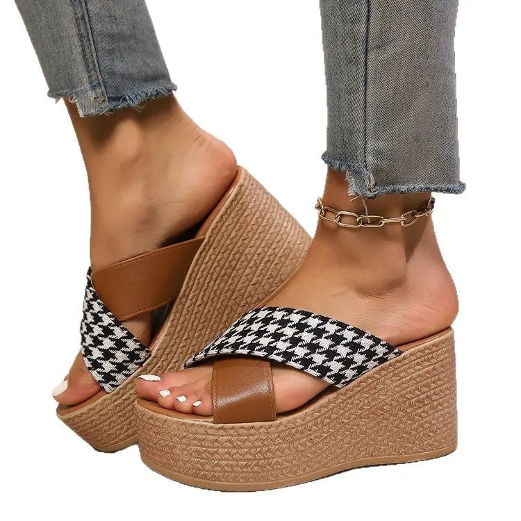 Brown and black plaid wedge sandals with rubber soles shown in UK sizes 34-43