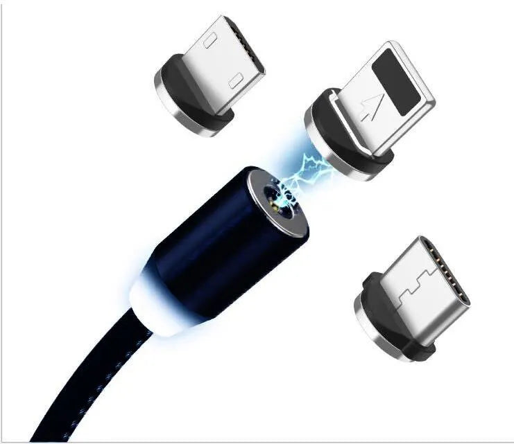 Black magnetic charging cable with LED light and aluminium connectors showing magnetic tip attachment