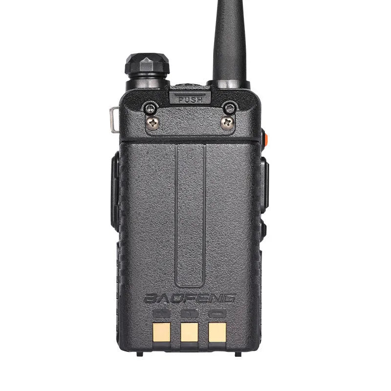 Compact black VHF UHF dual-band walkie talkie with antenna, LCD display, and side buttons