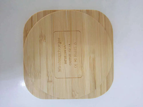 Square bamboo wood 5W wireless charging pad with LED indicator lights.