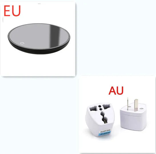 Black circular USB cup warmer pad with a tempered glass surface and dual temperature switch