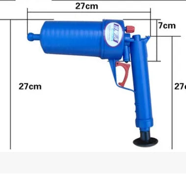 Plastic drain blaster gun with handle and four pipe adaptors for unblocking sinks and toilets