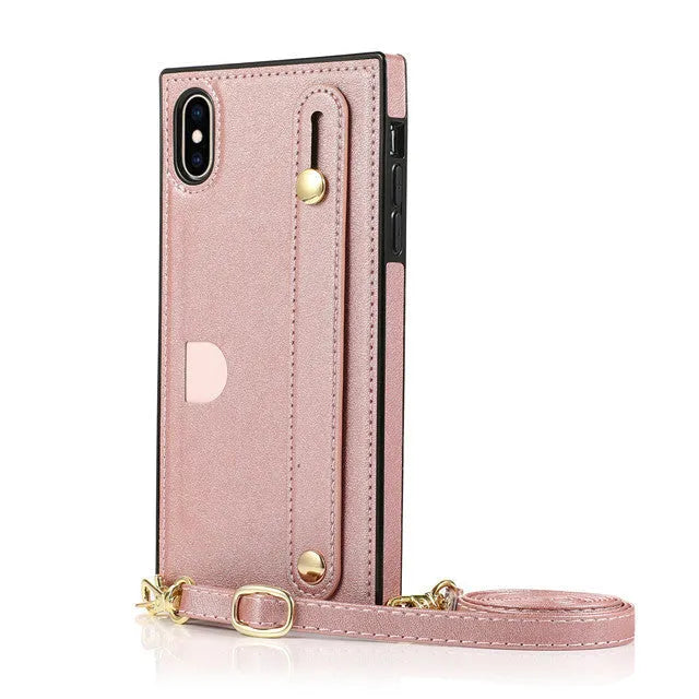 Leather iPhone case with built-in card slot and wrist strap in multiple colours