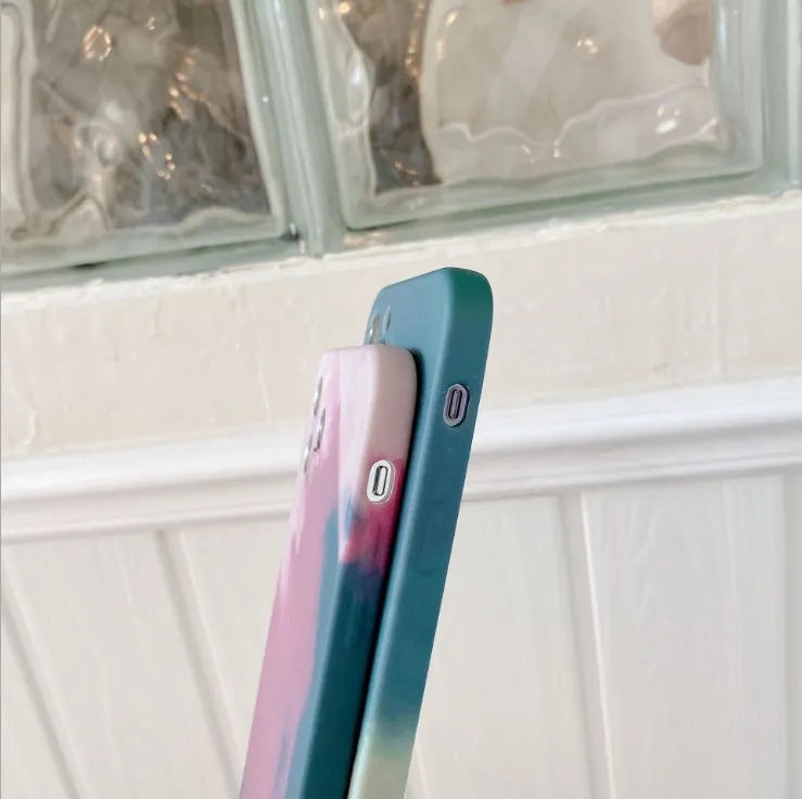 Abstract gradient geometry silicone phone case for iPhone models showing blue colour variation