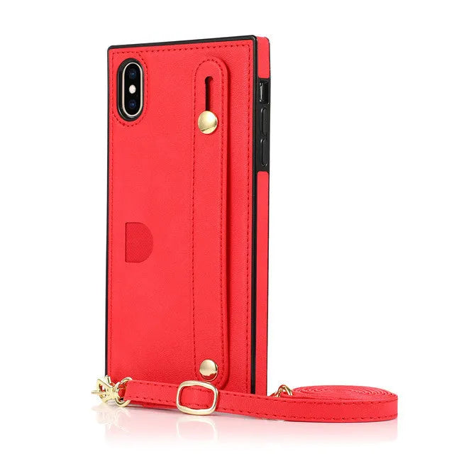 Leather iPhone case with built-in card slot and wrist strap in multiple colours