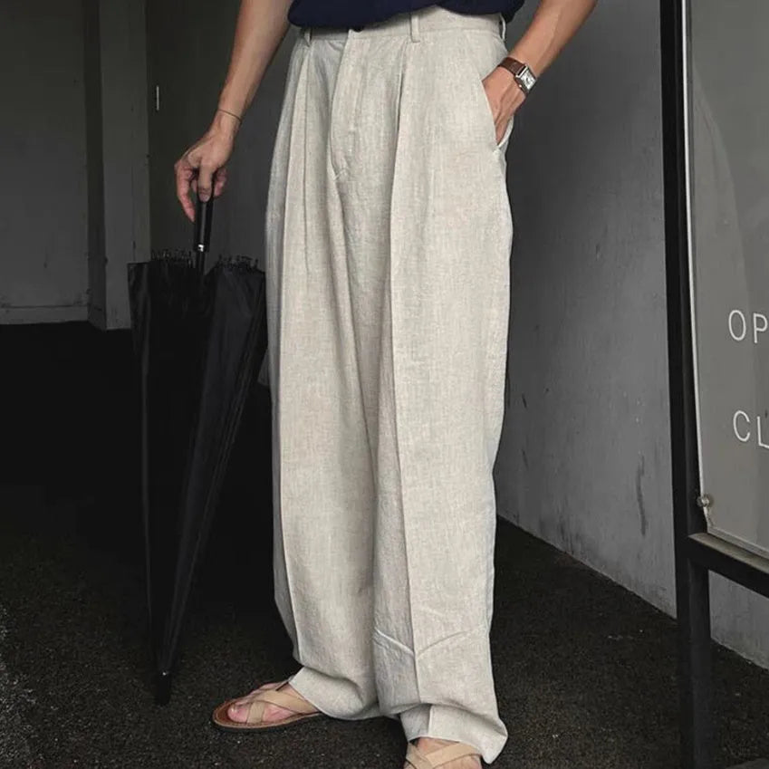 Men's apricot wide-leg cotton linen trousers with mid-waist zip fly and pencil leg opening