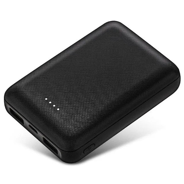 Black or white ultra-thin 10000mAh power bank with multiple USB ports, dimensions 90x63x22mm.