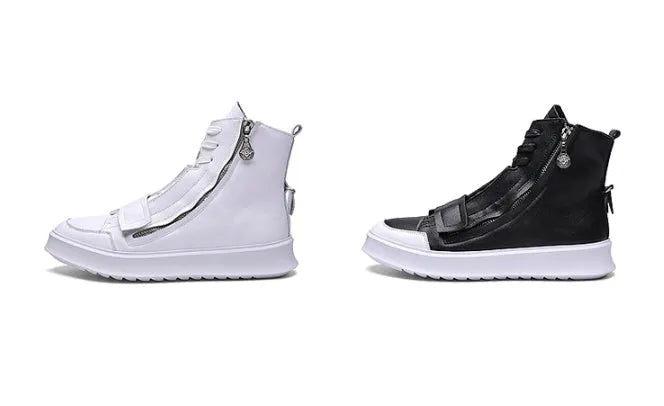 Man wearing black PU leather high-top sneaker style winter ankle boots.