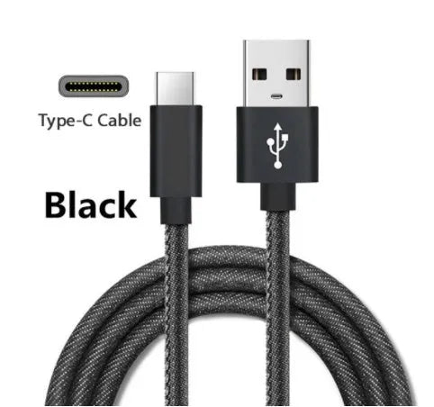 Denim braided USB Type-C cable with aluminium connectors in black, blue, or red, showing length options.